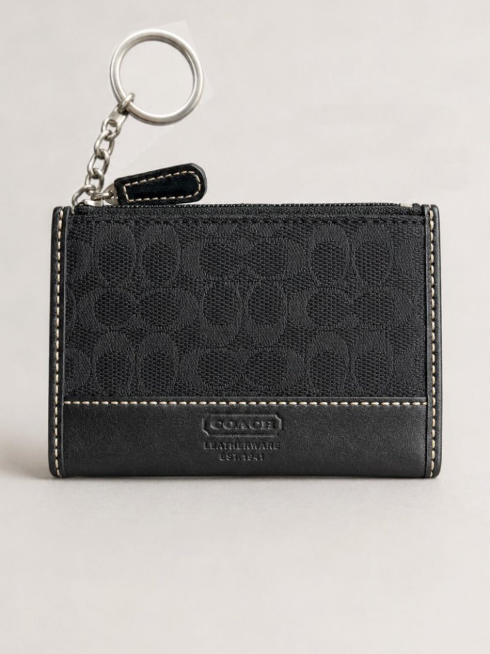 Coach Signature Jacquard Zip Card Case Key Pouch Black Vintage Y2K EUC